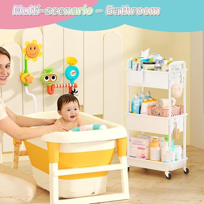 SUNALLY Baby Diaper Caddy Cart,3 Tier Rolling Diaper Cart for Nursery,White | Large Capacity & Easy Assemble Diaper Storage Organizer with Lockable Wheels for Newborn, New Mom, Baby Girl Boy Essentials - Image 7