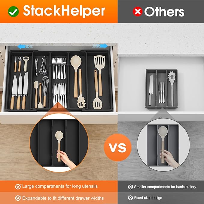 Large Expandable Silverware Drawer Organizer, Utensil Tray | Kitchen Drawer Organizer for Spoons/Forks/Knives, Multipurpose & BPA Free Cutlery Tray (1 Pack, Black) - Image 6