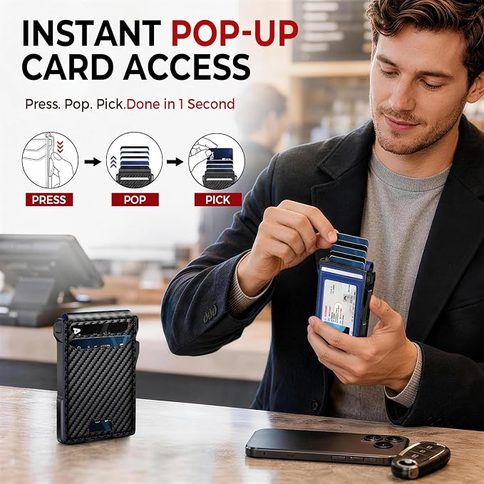 RUNBOX Wallet for Men, Mens Minimalist Wallet Holds 14 Cards, Compact Pop Up Wallet with Dual ID Windows & Money Clip, RFID Blocking Flip Up Card Holder, Metal Aluminum Credit Card Case Bifold Wallet - Image 3