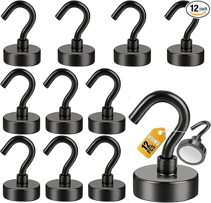 DIYMAG Magnetic Hooks 12pcs 85lbs Cruise Essentials 2026 Magnet Hook Black | Neodymium Heavy Duty Strong Magnets Hanging Ship Cabins Refrigerator Fridge Classroom Beach Vacation Kitchen Grills Home Tool by DIYMAG