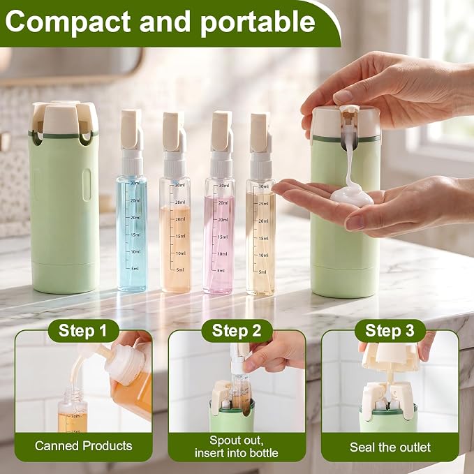 2 Pack 4 in 1 Travel Dispenser with 30ml Travel Bottles and Label Refillable & Leak Proof Portable Toiletry Containers with Locks for Shampoo Lotion Conditioner Cream (Green) - Image 3