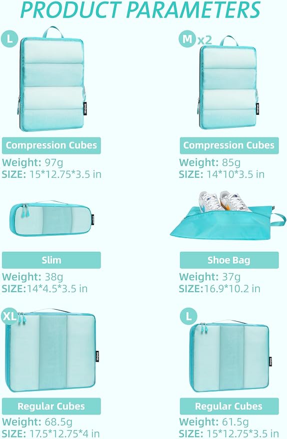 Bagail Ultralight Compression Cubes 7 Set - 3 Packing Cubes, 3 Organizers, and 1 Shoe Bag - Image 2