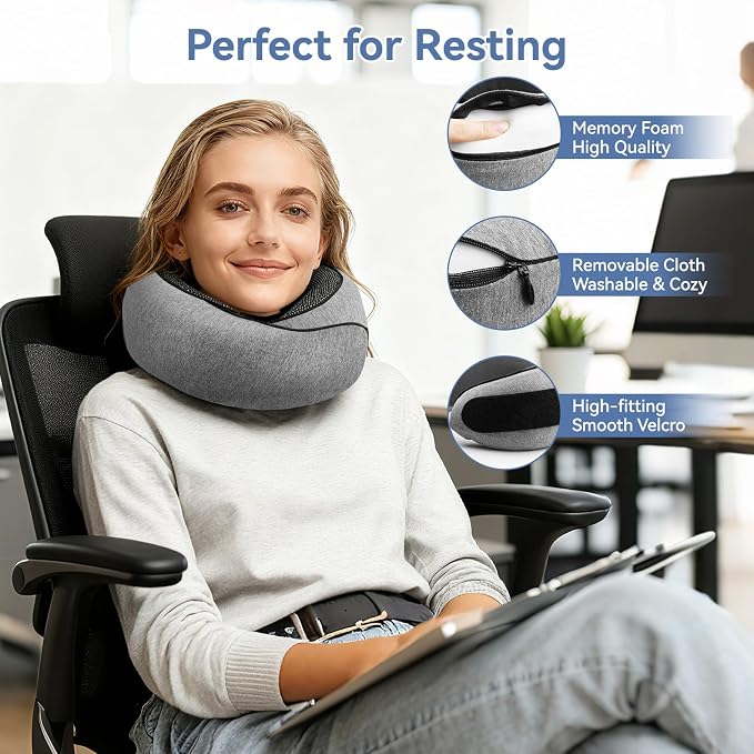 Neck Pillow Airplane, Travel Pillows for Airplanes, Memory Foam Adjustable Portable Neck Pillow for Traveling, Car Rides, and Home Use (Gray) - Image 4