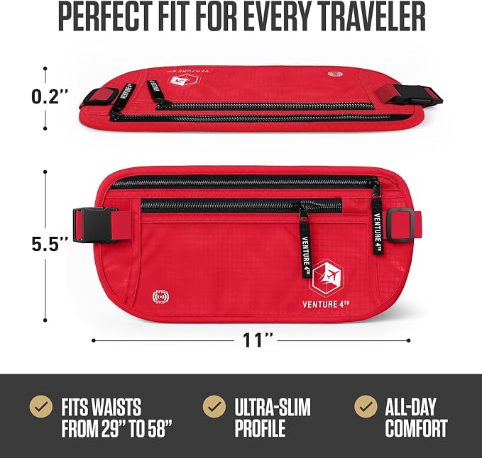 VENTURE 4TH Travel Money Belt, RFID Blocking Passport Holder - Red - Image 3