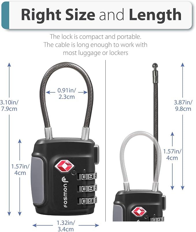 Fosmon TSA Approved Cable Luggage Locks, 3 Digit Combination, 2 Pack | Push Release Button, Long Shackle Cable Lock, Flexible Wire Padlock, Suitcase Backpack Travel, Gun Case Lock - Image 4