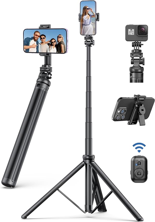 75" Phone Tripod, Selfie Stick with Remote and Phone Holder, Extendable Tripod for iPhone, Aluminum Cellphone TripodStand 360° Rotation Travel Tripods Compatible with iPhone Android, GoPro by SelfieShow