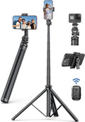 75" Phone Tripod, Selfie Stick with Remote and Phone Holder, Extendable Tripod for iPhone, Aluminum Cellphone TripodStand 360° Rotation Travel Tripods Compatible with iPhone Android, GoPro by SelfieShow