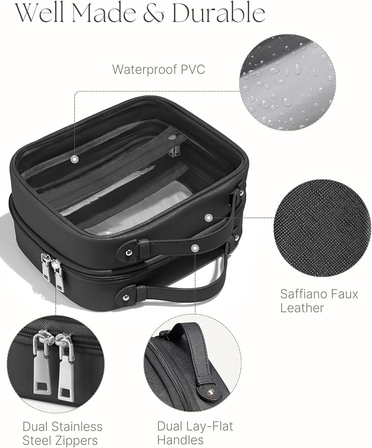 Clear Cosmetic Bag Double Layer Travel Toiletry Bag Clear Makeup Bag Case with 4 Compartments, Transparent Travel Bag for Toiletries, Large Toiletry Bag for Women Cosmetic Case (Black, Large) - Image 6