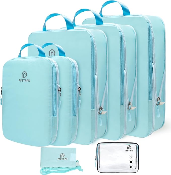PFEYRPK Lightweight Compression Packing Cubes for Suitcases, Compressible Expandable Travel Packing Organizer with Clear Toiletries and Backpack Bag, Travel Essentials for Carry on Luggage 7 Set by PFEYRPK