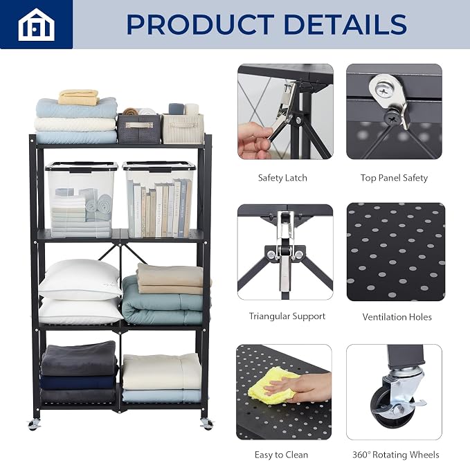 4 Tier Foldable Storage Shelf with Wheels, Collapsible Metal Rack Shelving Unit, No Assembly Required, Rolling Cart Shelf Rack Organizer for Books, Garage, Kitchen, Closet, Pantry, Exhibition, Black - Image 5