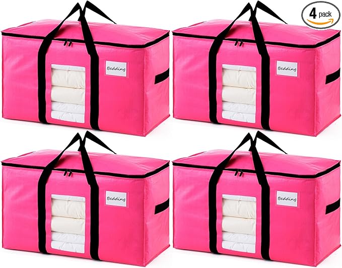 TAILI 4 Pack Pink Extra Large Moving Bags,Storage Bags with Visible Window | 93L Heavy Duty Totes For Storage,Wrap Around Handles,Alternative to Moving Boxes, College Dorm,Perfect for Moving by TAILI