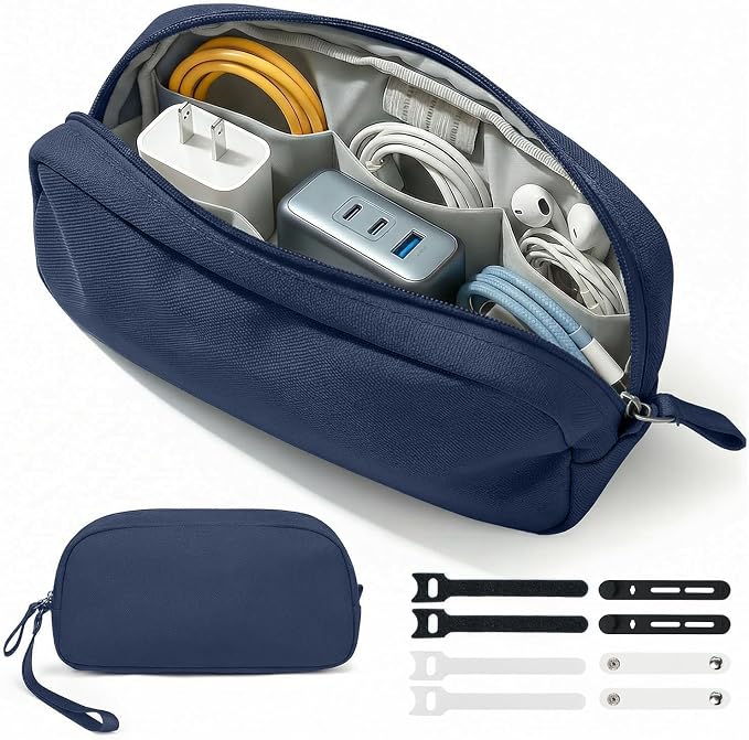 Travel Electronics Organizer Waterproof Cable Bag Midnight Blue | Padded Oxford fabric case with 8 compartments and elastic loops to protect power banks and hold 3ft+ cords securely. by Woyinger