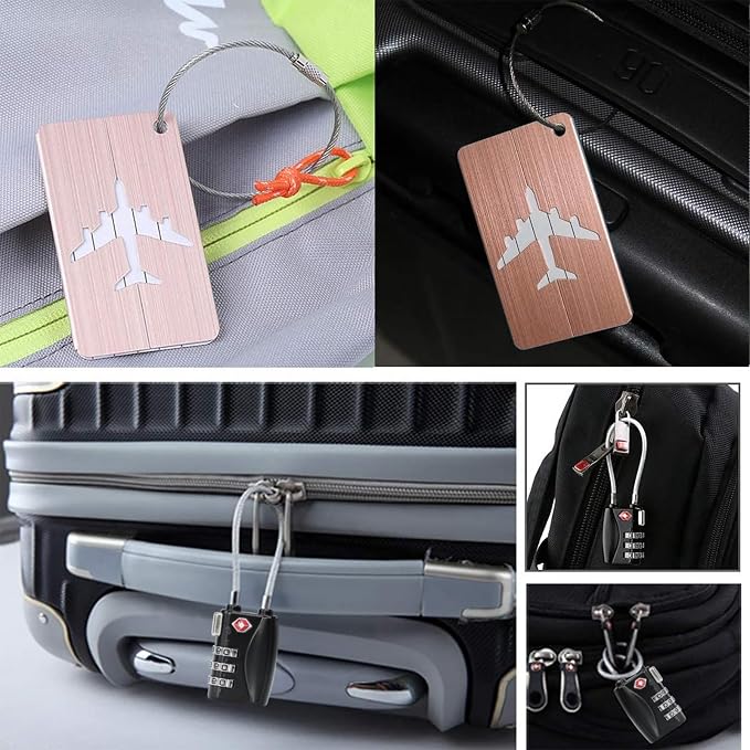 2 Pack TSA Luggage Lock and 2 Pack Aluminium Metal Luggage Tags, Mini Combination Password and Suitcase Card Holder Bag Tag Name Address ID Bag Label with Key Ring - Image 6