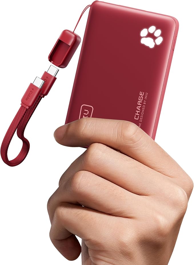 INIU 45W Fast Charging Portable Charger, Smaller 10000mAh Travel Power Bank | Flight-Safe, Detachable USB C Cable, Travel Essential, External Battery Phone Pack for iPhone 17 Samsung S26 iPad etc, Red by INIU