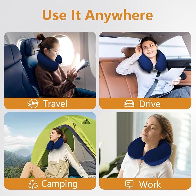 Travel Pillow, Memory Foam Neck Pillow for Traveling, U Shape Airplane Portable Flight Pillow Adult Travel Neck Pillow for Plane Train Car Home Office (Dark Blue) - Image 7