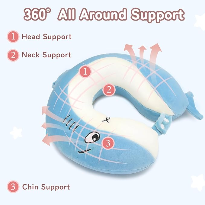 Kids Travel Neck Pillow for Ages 3-8, Memory Foam, Removable Cover, Shark | Machine washable, 13 in neck size, hidden zipper, 360-degree head and chin support, car seat and airplane use - Image 4