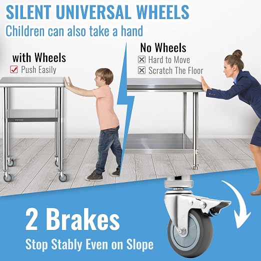 VEVOR Stainless Steel Prep Table, 24 x 24 x 33.5 Inch, 600lbs Load Capacity Heavy Duty Metal Worktable with Adjustable Undershelf & Universal Wheels, Commercial Workstation for Kitchen Garage Backyard - Image 8