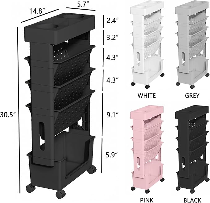 5-Tier Rolling Bookshelf Magazine Rack with Wheels Black | Mobile Bookcase, Book Storage File Folder Organizer Cart for Home Study Office Living Room Classroom - Image 3