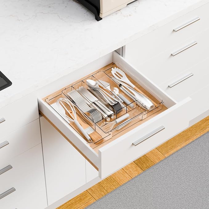 Clear Expandable Silverware Drawer Organizer,9.4-15.6In Adjustable Silverware Tray for Drawer,Acrylic Kitchen Utensil Drawer Organizer for Cutlery,Flatware Organizers and Fork and Spoon Holder - Image 2