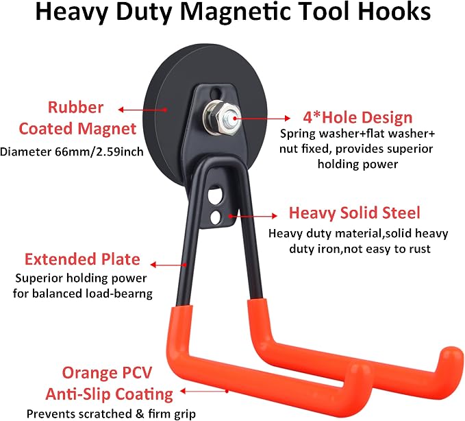ULIBERMAGNET Magnetic Power Tool Organizer,Cordless Drill Garage Hook Heavy Duty,Large & Strong Manget with Hooks for Garage,Workshop Organization,2 Pack Hooks for Drill,Garden Tool(Orange) - Image 3