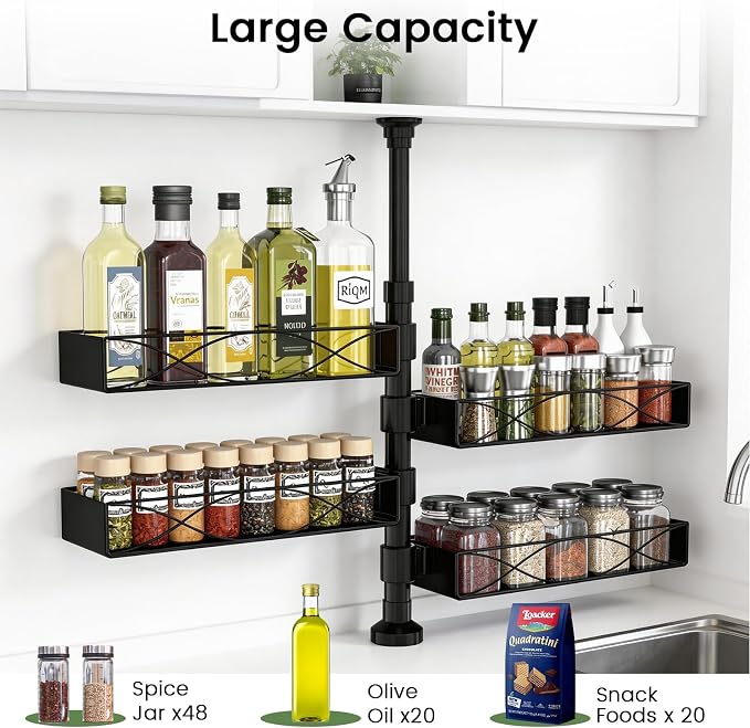 MIXOO Spice Rack Organizer Tension Pole, 4-Tier Adjustable Spice Organizer | 16.5-23.6 Inch, Seasoning Organizer for Countertop, Space-Saving Spice Storage Corner Shelf for Kitchen, Coffee Area,No Drill - Image 3