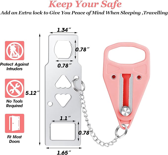 AceMining Portable Door Lock, Hotel Travel Door Lock Security | Hotel Safety Device for Door Security, Portable Lock for Hotel Room, Apartment, College Dorm and Travel, Pink - Image 4