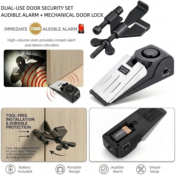Adjustable Portable Door Lock & Door Stop Alarm Set, 120dB Anti-Theft Security Alarm Door Stoppers, Travel Entry Blocker for Hotel Apartment Dorm Room, No Drill Required, (2 Pack) - Image 3