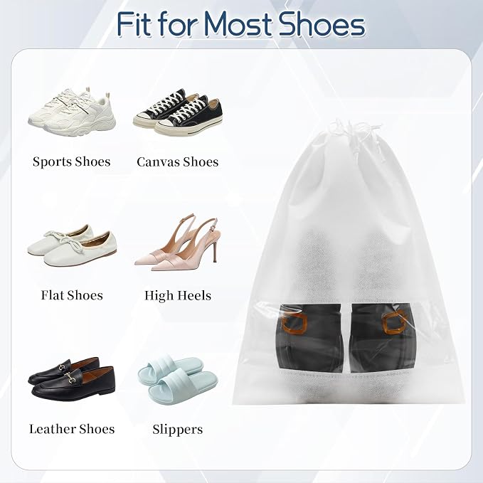12 Pcs Portable Travel Shoe Bags, 17.3 x 12.6 Inches Waterproof Non-Woven Shoe Organizers Storage Bags, Large Drawstring Shoes Pouch Packing Organizers with Rope for Men, Women, Children (White) - Image 3