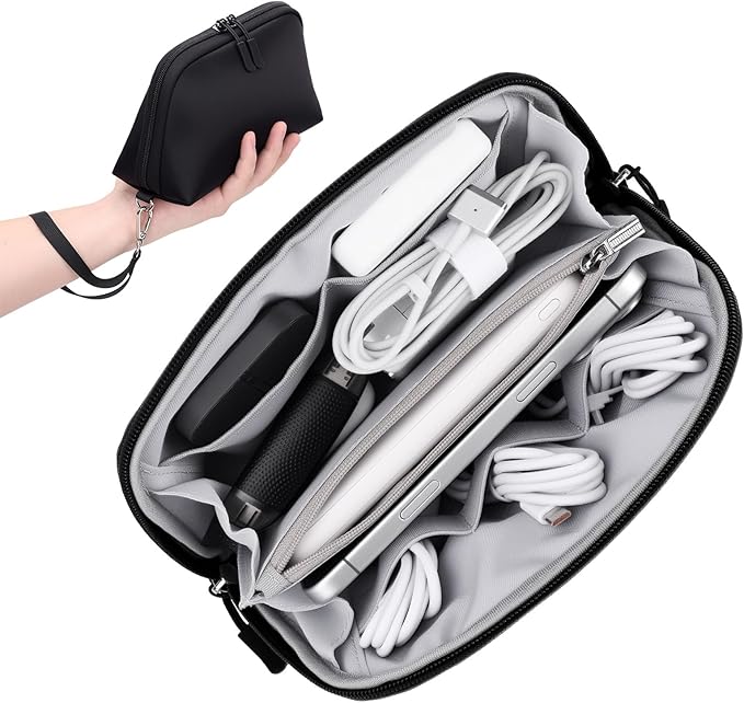 FYY Travel Cable Organizer - 8 Compartments, Lightweight, Water Repellent | With Wrist Strap, Portable Tech Pouch for Cord Charger, Travel and Business Trips Use, Soft Shell Nylon, Black (Small) by FYY