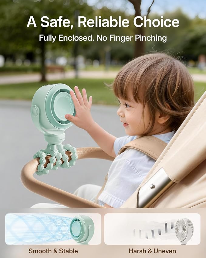 SWEETFULL Portable Stroller Fan, Pinch-Proof Baby Fan - Green | Wide Turbine Airflow; Safe Design; LED Display; 5-Speed; 30dB Quiet; USB-C Rechargeable; Mini Clip On Fan for Car Seat & Bed - Image 2