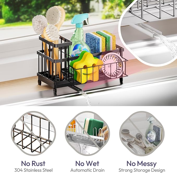 SWTYMIKI Sink Caddy Sponge Holder - Large Sponge Holder for Kitchen Sink with 360°Auto-Drain Tray, Rustproof Stainless Steel Kitchen Organizer Caddy for Countertop Organization - Image 3