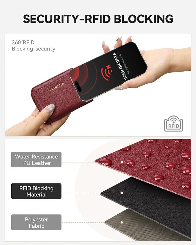 BOSTANTEN Credit Card Holder RFID Small Wallets Woman Zipper Card Wallet | Slim, Compact, Front Pocket, Accordion, Vegan Leather, Thin for Daily Use, Travel, Gifts for Women, Wine Red - Image 5