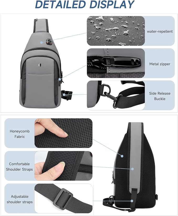 Anti-Theft Sling Bag for Men&Women, Water Resistant Lightweight Crossbody Bag Small Backpack, Built-in Audio Port, Reversible Strap, Travel Hiking Chest Daypack Fits 11 inch iPad & Switch 2 - Image 7