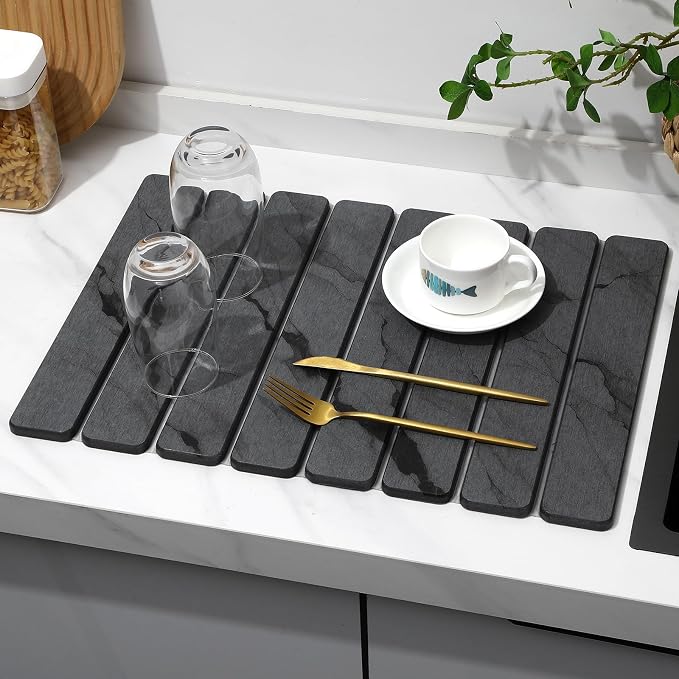 2 PCS Stone Dish Drying Mat for Kitchen Counter,Quick Dry Stone Dishes Mats,Marbled Water Absorbing Diatomaceous Earth Drying Pad for Countertop Bottles Utensils Cups（Dark Gray 20"×14" & 8"x4"） - Image 8