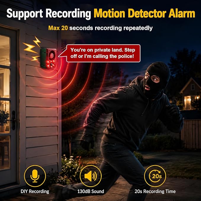 ChunHee Solar Outdoor Motion Sensor Alarm Dog Barking Gunshot Sound 130dB | Support Recording and Adjustable Volume,Loud Noise Maker 3 Work Modes Strobe Light for Home, Villa, Farm, Barn (6pack) - Image 4