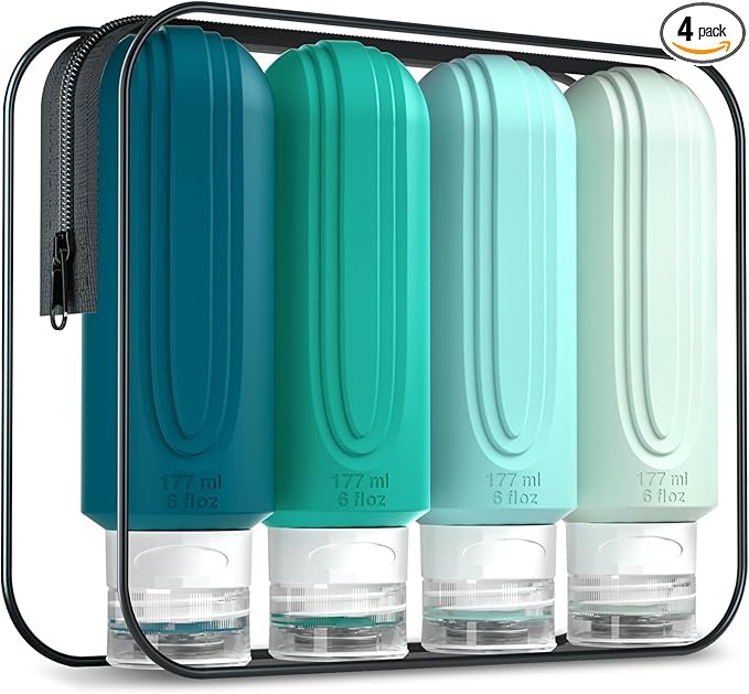 Mrsdry Travel Bottles for Toiletries, Large 6oz Oversize Containers, BPA Free Leak Proof Tubs Refillable Liquid Traveler Accessories with Toiletry Bag for Cometic Shampoo and Lotion Soap (4 Pack) by Mrsdry