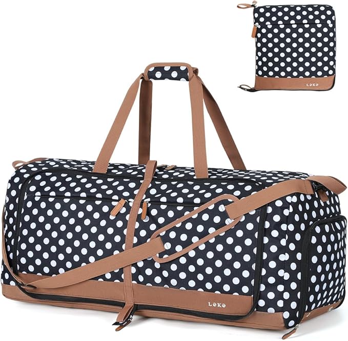 Lekesky Foldable Travel Duffel Bag for Women, 80L Large Duffle Bag with Separate Shoes Compartments & Straps, Carry On Weekend Bag for Women, Hospital, Overnight(Polka Dots) by LEKESKY