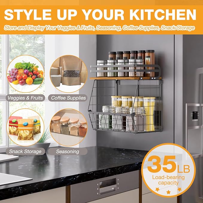 Magnetic Shelf for Fridge with Wood Lid, Large Capacity Magnetic Spice Rack for Refrigerator Kitchen Storage Bin for Fruit, Onion, Potatoes, Storage Organizer for Counter & Cabinet, Wire Basket - Image 4