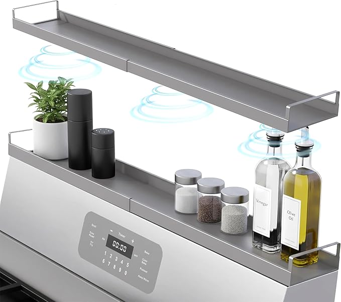 Extendable Steel Over the Stove Shelf for Back of Stove (16 to 30 Inches) Magnetic Stove Top Shelf for Kitchen Stove, Over Stove Shelf for Back of Stove - Over the Stove Spice Rack Shelf (Grey) by LindasEssentials