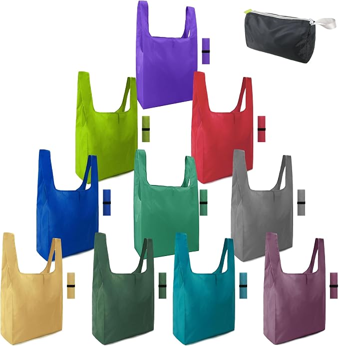 BeeGreen Colorful Reusable Grocery Bags Bulk Gifts 10-Pack - Large Tote with Zipper Pouch | Foldable & Washable Polyester Shopping Bags Heavy Duty Flower Lover Gifts Reusable Bag With Handles by BeeGreen