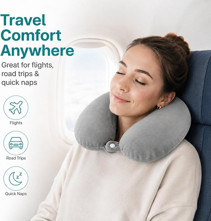 RAINFLOW Airplane Neck Pillow - Memory Foam Travel Pillow for Sleeping Grey | U-Shaped Adult Neck Support Pillow with Washable Cover for Long Flights, Plane Travel, Portable Rest & Head Support Cushion - Image 5