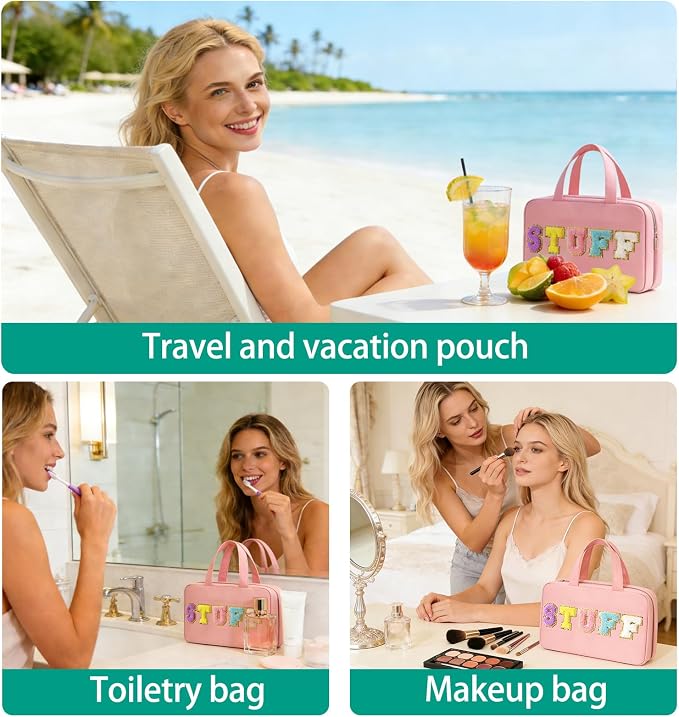 Toiletry Bag for Women Chenille Letter Makeup Bag Water-resistant Cosmetic Bag Travel Bag with Hanging Hook Preppy for Store Toiletries Cosmetic Accessories Medium Light Pink - Image 6