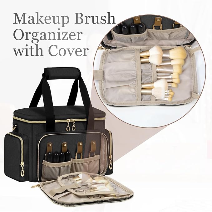 GDNasist Large Makeup Bag, Portable Travel Makeup Bag Organizer | Cosmetic Travel Bag for Women Girls with Removable Shoulder Strap & Detachable Dividers, Toiletry Bag for Makeup Black - Image 2
