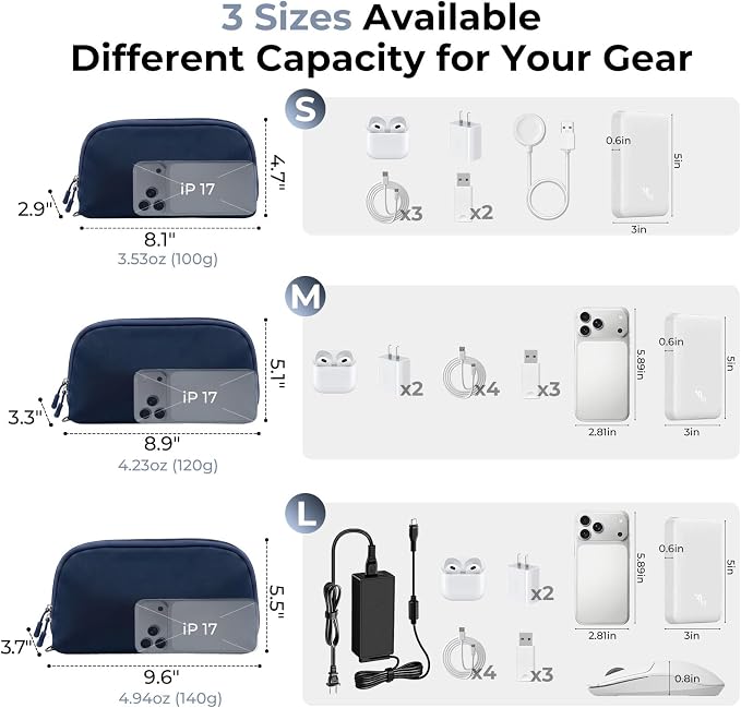 FYY Travel Cable Organizer - 8 Compartments, Lightweight, Water Repellent | With Wrist Strap, Portable Tech Pouch for Cord Charger, Travel and Business Trips Use, Soft Shell Nylon, Navy (Medium) - Image 3
