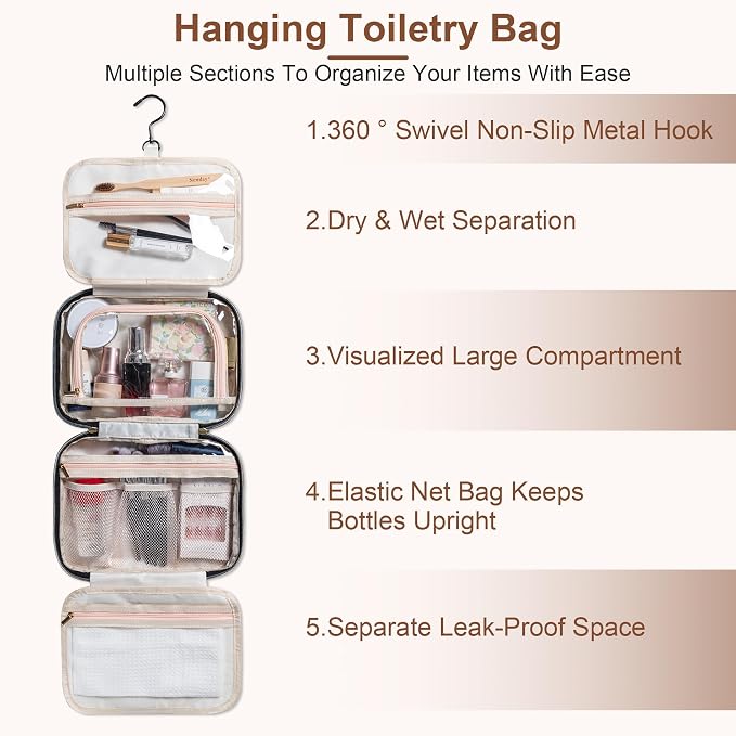Travel Toiletry Bag for Women, Large Hanging Makeup Cosmetic Bag, Beige | Big Compartment but Portable, Water-resistant Makeup Organizer Bags for Accessories, Shampoo, Full-size Container, Toiletries - Image 3