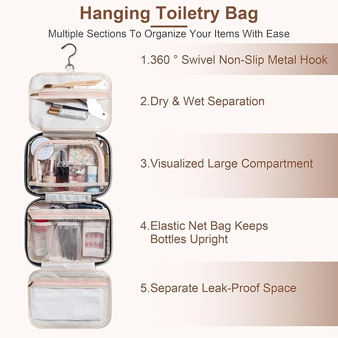 Travel Toiletry Bag for Women, Large Hanging Makeup Cosmetic Bag, Black | Big Compartment but Portable, Water-resistant Makeup Organizer Bags for Accessories, Shampoo, Full-size Container, Toiletries - Image 3