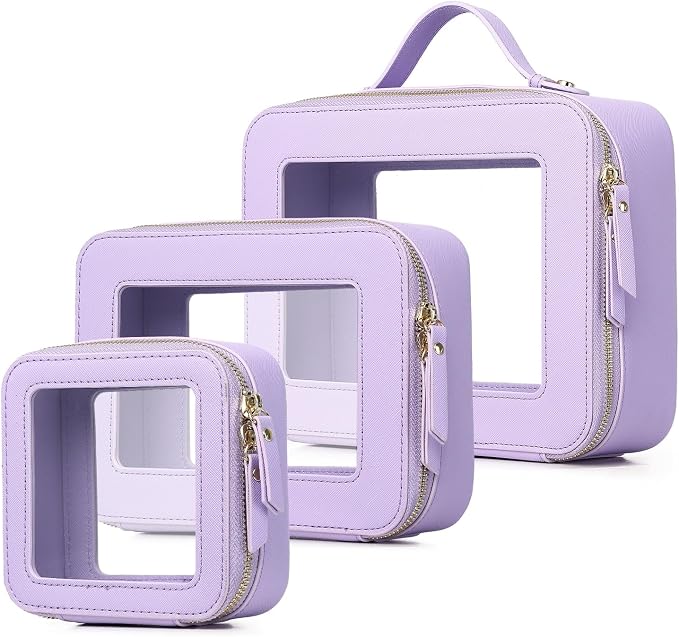 Pinkmik Clear Makeup Bag, (Purple, L+M+MINI) | Waterproof, Travel Case for Cosmetics and Toiletries, Women's Purse Organizer, Clear Car Bag with Zipper by Pinkmik