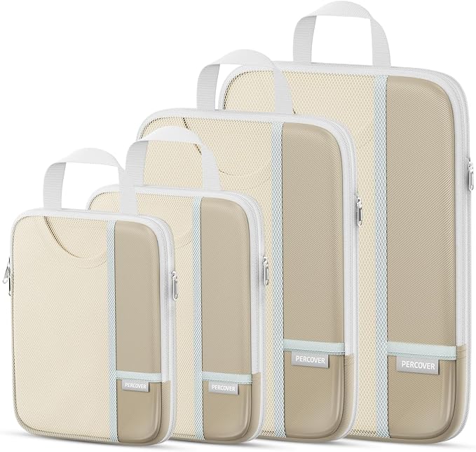 Percover Compression Packing Cubes for Travel, 4-Piece Structured Compression Organizer Set with Label Pockets for Carry-On & Checked Luggage, Camel by Unknown