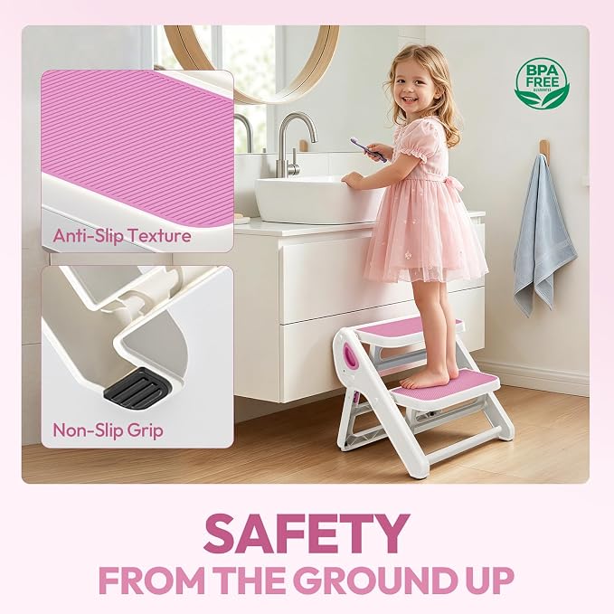 Foldable Toddler Step Stool for Bathroom Sink, Toilet, Bedroom, Kitchen – Non-Slip, Space-Saving, BPA-Free, Supports 110 lbs, Kids Step Stool (Pink) - Image 2