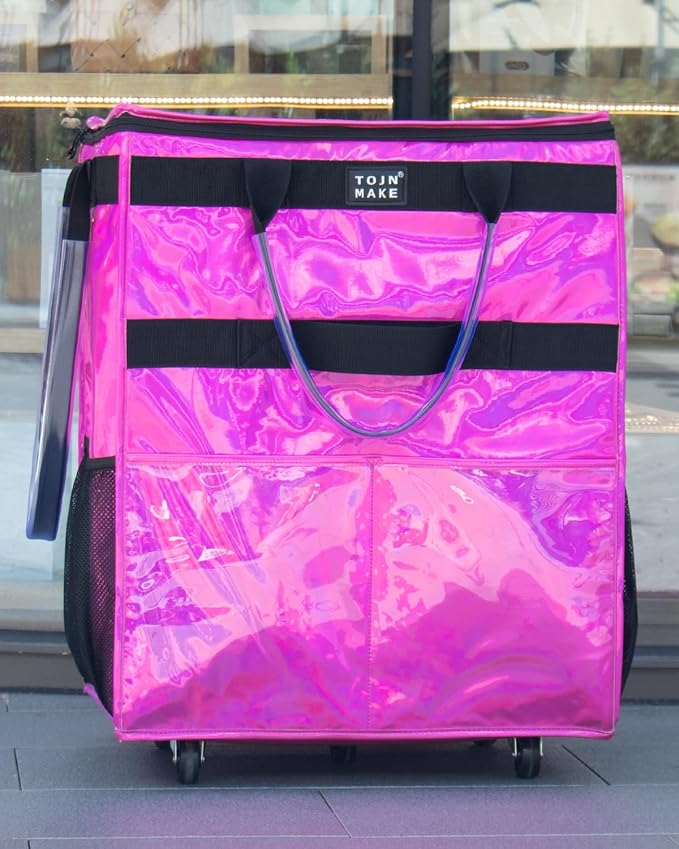 Reusable Grocery Bag with Wheels (Large, Glitter Pink), Shopping Trolley with 8 Pockets and Zipper Cover Foldable Rolling Tote for Women, Kitchen, Travel, Carries Up to 76LBS - Image 6